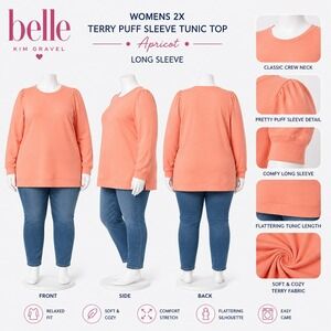 Belle by Kim Gravel Womens 2X Terry Puff Sleeve Tunic Top Apricot Orange A392813